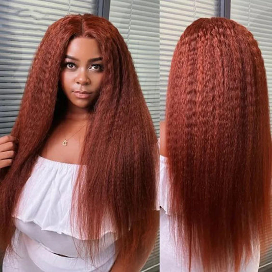 Reddish Brown Yaki Straight Human Hair 13x4 Lace Front Wigs